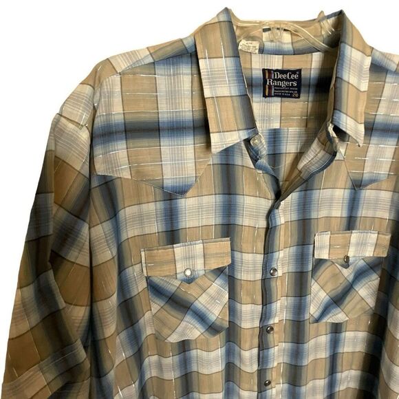 Vtg Dee Cee Rangers Men 2XL Western Pearl Snap Shirt Tan Blue Plaid Short Sleeve - Picture 2 of 9